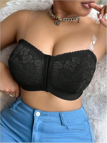 MakeMeChic Women's Plus Size Lace Front Closure Bralette Clear Straps Push Up Wireless Bras in Saudi Arabia