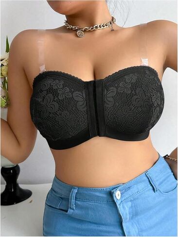 MakeMeChic Women's Plus Size Lace Front Closure Bralette Clear Straps Push Up Wireless Bras in Saudi Arabia