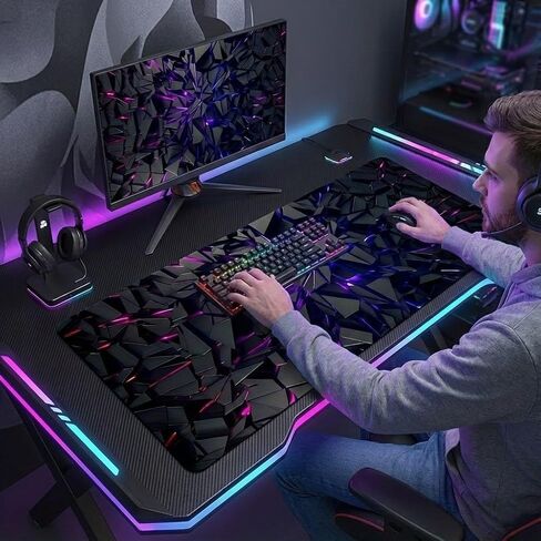 Extra-Large Futuristic Gaming Mouse Pad, Black Desk Mat with Vibrant Neon Lines, Non-Slip Rubber Base and Stitched Edges, Modern Gamer Decor in Saudi Arabia