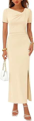 MEROKEETY Women's Summer Ruched Bodycon Maxi Dress 2026 Short Sleeve Side Slit Formal Wedding Guest Cocktail Dresses in Saudi Arabia