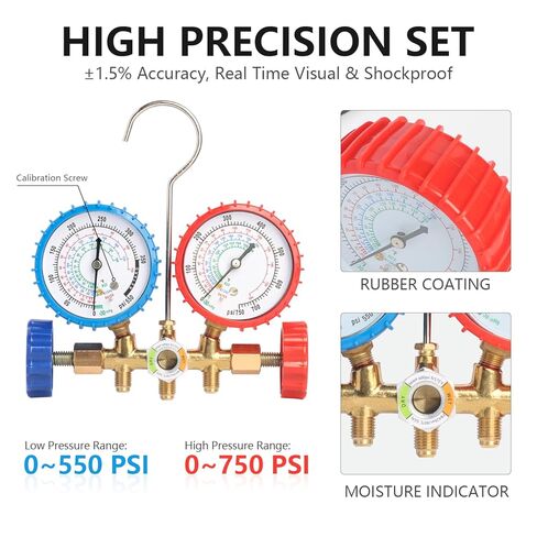 3 Way AC Gauge, HAVC Manifold Gauge Set for R134a, R410a, R22 Refrigerants, with 5FT Hoses, Quick Couplers, Acme Adapter and Can Tap for Automotive AC System in Saudi Arabia