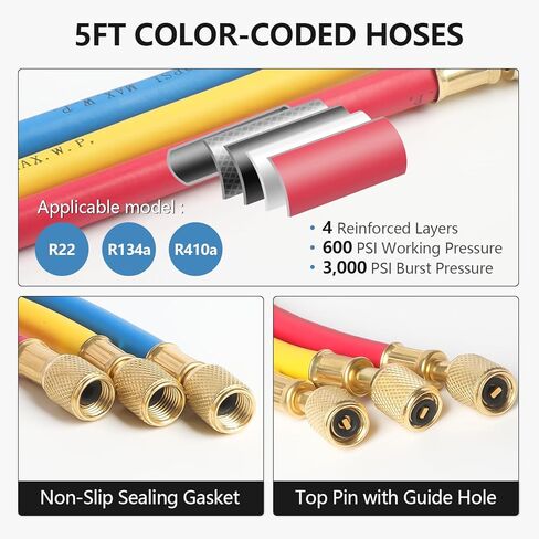 3 Way AC Gauge, HAVC Manifold Gauge Set for R134a, R410a, R22 Refrigerants, with 5FT Hoses, Quick Couplers, Acme Adapter and Can Tap for Automotive AC System in Saudi Arabia