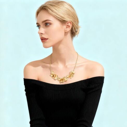 14K Gold Plated Chunky Ginkgo Leaf Necklace - 3D Floral Statement Bib Choker for Women, Elegant Jewelry Gift for Daily & Party Wear in Kuwait