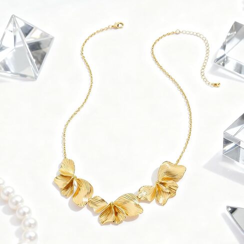 14K Gold Plated Chunky Ginkgo Leaf Necklace - 3D Floral Statement Bib Choker for Women, Elegant Jewelry Gift for Daily & Party Wear in Kuwait