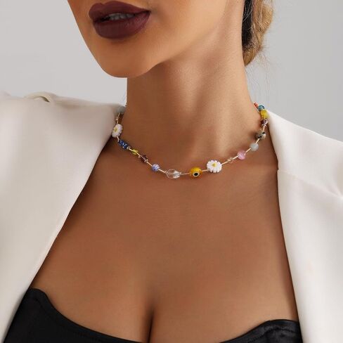Daisy Heart Butterfly Beaded Choker Necklace For Women Statement Boho Y2K Adjustable Choker Style Beaded Chain Gold Colors in Saudi Arabia