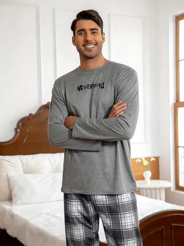 Gray Mens Pajamas Set 2 Piece, Long Sleeve Pajamas with Print Mens Pajama Pants, Soft Pijamas Para Hombres in Saudi Arabia
