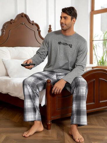 Gray Mens Pajamas Set 2 Piece, Long Sleeve Pajamas with Print Mens Pajama Pants, Soft Pijamas Para Hombres in Saudi Arabia