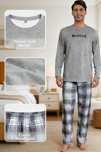Gray Mens Pajamas Set 2 Piece, Long Sleeve Pajamas with Print Mens Pajama Pants, Soft Pijamas Para Hombres in Saudi Arabia