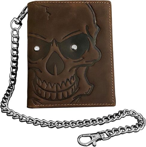 Genuine Leather Wallet Skull Slim Card Wallet for Men Bifold Card Holder Wallet Minimalist Front Pocket Purse With Chain in Kuwait