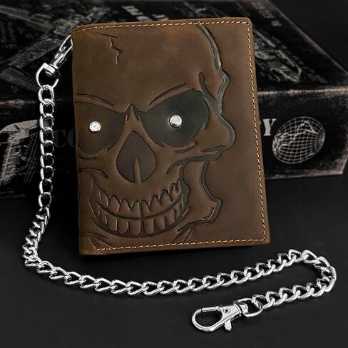 Genuine Leather Wallet Skull Slim Card Wallet for Men Bifold Card Holder Wallet Minimalist Front Pocket Purse With Chain in Kuwait