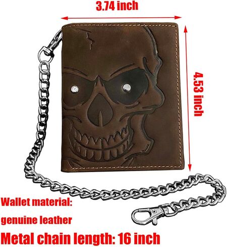 Genuine Leather Wallet Skull Slim Card Wallet for Men Bifold Card Holder Wallet Minimalist Front Pocket Purse With Chain in Kuwait