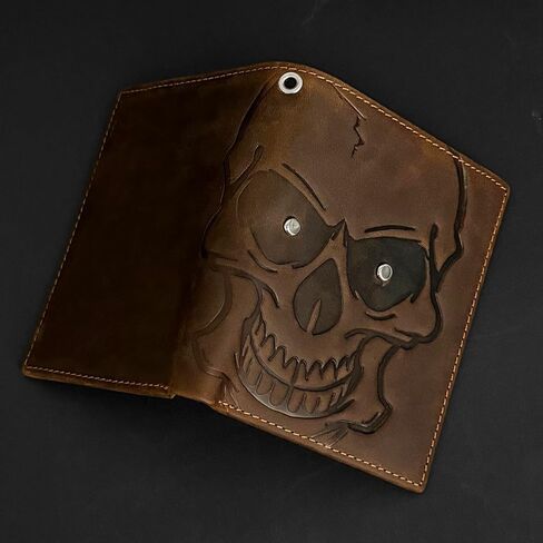 Genuine Leather Wallet Skull Slim Card Wallet for Men Bifold Card Holder Wallet Minimalist Front Pocket Purse With Chain in Kuwait