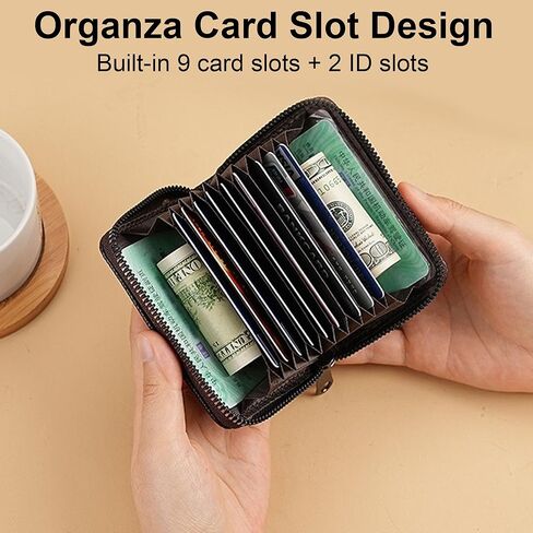 محفظة حامل بطاقات الائتمان RFID مع 9 فتحات للبطاقات وحجرتين للنقود، محفظة مضغوطة بسحاب للرجال والنساء، منظم بطاقات جلدية RFID للسفر والاستخدام اليومي باللون الأسود in Saudi Arabia