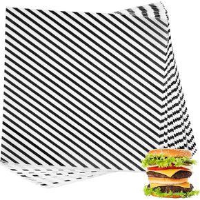 200 Sheets Black and White Striped Food Wrapping Paper, Dry Waxed Deli Paper, Paper Liners for Plastic Food Basket, Bread and Sandwich Wrap Paper (12''x12'') (Black/White)…
