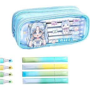 ITA Pencil Pouch Kawaii Large Capacity Pen Case : Cute Aesthetic Pencil Box Art Supplies for Women, 4 Included Highlighters (Beige)