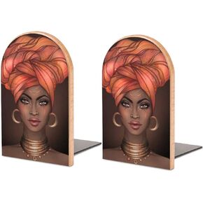 American African Girl Pattern Wood Bookends Decorative Bookend Non-Skid Office Book Stand for Books Office Files Magazine
