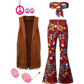 LENSOUS Girls Kids 60s 70s Hippie Costume Pants Set Outfits Fringe Vest Peace Flared Pants Accessories Set