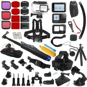 Action Camera Accessories Kit Black Accessory Bundle Waterproof Housing Case Filter Silicone Protector Lens Screen Tempered Glass Head Chest Strap Mount Set for Gopro11 Gopro10 HERO1