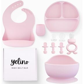 Yelino™ Silicone Baby Feeding Set - Baby Led Weaning Supplies - Divided Plate Suction Bowl Bib Cup Spoons Fruit Feeder - First Stage Solid Food Eating Utensils - Ideal Baby Shower Gifts - 6+ Months