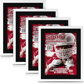 4 Pcs Sports Magazine Frame Fits Magazine Measuring 8.5 x 11.25 Inch Magazine Display Frame with Installed Hangers and Core Matting Plastic Frames for Sports Magazines(White (Black Mat))