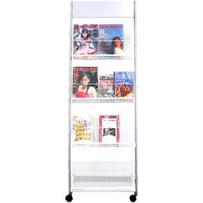 Vmsiuory 4-Layer Iron Magazine Rack with Wheels, Newspaper Rack, Display Rack, Silver (63)