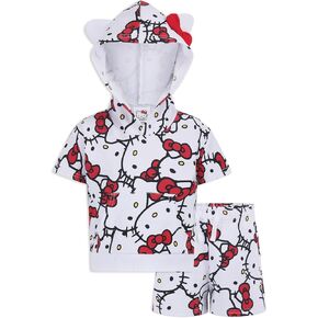 Hello Kitty Sanrio Girls Hooded Shirt with Ears and Shorts 2 Piece Set for Toddler and Big Kids- White