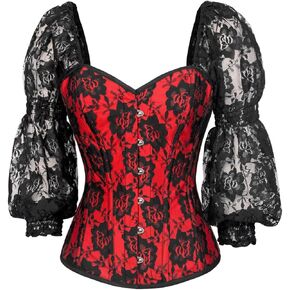 Daisy corsets Womens Top Drawer Red W/Black Lace Steel Boned Long Sleeve Corset