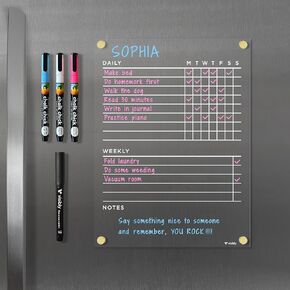 Magnetic Acrylic Chore Chart for Fridge, Includes 4 magnetic wet-erase markers for Refrigerator, 9" X 12". Put those kids to work!