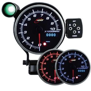 RACETECH Electrical 115MM Tachometer 0-10000RPM White & Amber RED & Blue LED Display with Warning & Peak(W/Outside Shift-Light & Control Box) with OLED Display