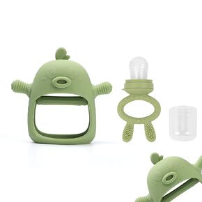 Baby Teething Toy Infants 3+ Months Set, 2 Pack-1 Baby Food Feeder & 1 Baby Teether, Anti Dropping Wrist Hand Teethers Baby Chew Toys for Sucking Needs, BPA Free (Green)