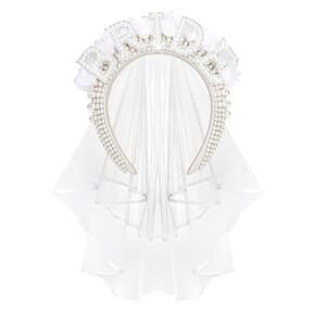 Jaciya Pearl Bride Headband with Veil Bachelorette Party Decorations Flower Bride Hair Accessories Bridal Shower Decorations Bachelorette Gifts for Bride