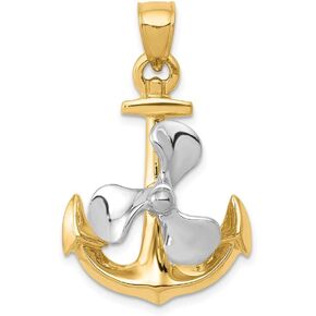 Solid 14k Yellow Gold Two tone 3 D Anchor Mariner w/Moveable Propeller Big Large Mens Pendant (34mm x 21mm)