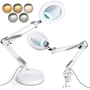10X Magnifying Glass with Light, Krstlv Upgrade Button 5 Color Modes Stepless Dimmable 2-in-1 LED Lighted Desk Lamp & Clamp, Hands Free Magnifier with Light and Stand for Craft Hobby Repair Close Work