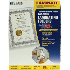 C-Line Super Heavyweight Cleer Adheer Quick Cover Laminating Pockets, Clear, 9-3/8 x 12-3/8-Inch (Box of 25)