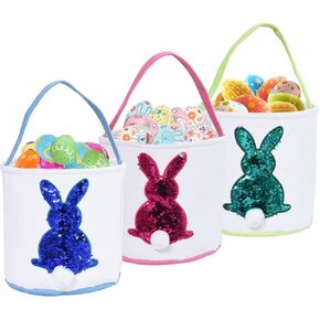 3 PCS Easter Bunny Basket Bags for Kids - Canvas Cotton Carrying Gift and Eggs Hunt Bag, Easter Gift Basket with Tails Printed Rabbit (Purple, Blue, Pink)