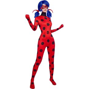 Women Miraculous Ladybug Cosplay Set Classic Screen Printing Jumpsuit with Eye Mask and Yoyo Bag