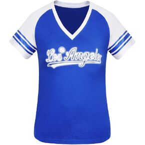 Womens Los Angeles City Baseball V Neck Fans Raglan Athletic T-Shirts - Blue & White