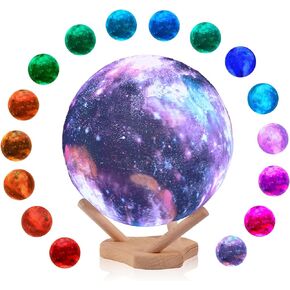 Galaxy Moon Lamp Kids Night Light 5.9 Inch 16 Colors LED 3D Star Moon Light with Wooden Stand Remote Control Touch Tap Controller USB Rechargeable Gift for Baby Children Girls Boys