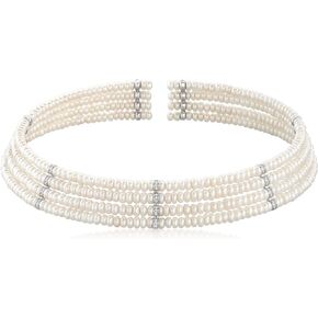 Ross-Simons Multi-Row 4.5-5mm Cultured Pearl and .23 ct. t.w. Diamond Choker Necklace With Sterling Silver