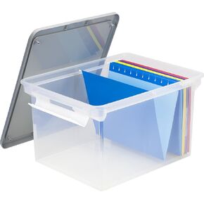 Storex Storage File Tote with Locking Handles, 18.5 x 14.25 x 10.88 Inches, Clear/Silver (61530A01C)