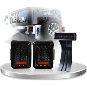 Xprite Clear Lens Red LED Tail Light w/Turn Signal & Back Up & Smoke 3rd LED Brake Light Assembly Compatible with Jeep Wrangler JK JKU 2007-2018