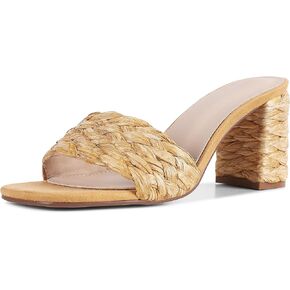 Lyrisiphy Women's Heeled Sandals Sqaure Open Toe Chunky High Heels Slip-on Slides Sandals Summer Outdoor Beach Espardrills for Women