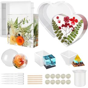 5 PCS Resin Molds Silicone Kit Large Epoxy Resin Mold for Flowers Preservation Home Deco DIY Art, Silicone Molds Including Square, Heart, Sphere, Pyramid, Cube and Tools