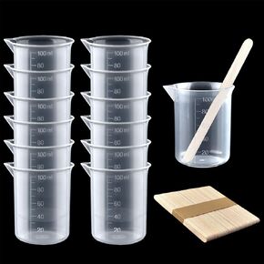 Coopay 12 Pack 300ml/10.1oz Plastic Beakers Epoxy Mixing Cups, Plastic Graduated Cups Clear Multipurpose Measuring Cups with 50 Pack Wooden Stirring Sticks for Resin, Epoxy, Stain, Mixing Paint