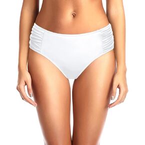 Tempt Me Women White Bikini Bottoms Mid Waist Ruched Bathing Suit Swimsuit Full Coverage Swim Bottom L