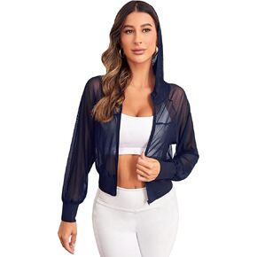 SweatyRocks Women's Activewear Long Sleeve Hooded Sheer Mesh Sports Jacket Workout Crop Top Navy Blue XL in Kuwait