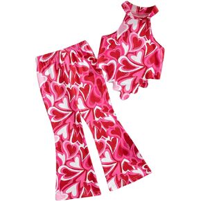 Floerns Toddler Girl's 2 Piece Outfit Heart Print Halter Top with Flare Leg Pants Set
