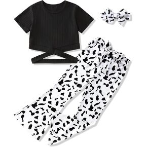 ملابس الفتيات تي شيرت بأكمام قصيرة وقميص متقاطع وبنطلون بطبعة بقرة أطقم ملابس للفتيات in Kuwait