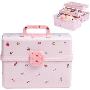 Hair Accessories Organizer for Girls,Portable 3-Layers Plastic Box with Fold Tray and Handle, Lockable Container for Art Supply, Makeup, Nail, Hair Accessories