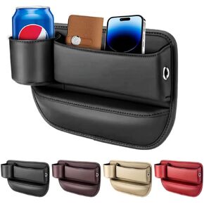 Car Leather Cup Holder Gap Bag, Leather Car Seat Storage Box with Water Cup Holder,Car Seat Gap Filler Organizer, Adjustable Car Seat Storage Box for Glasses Phones Keys and Cards (Driver's Seat)